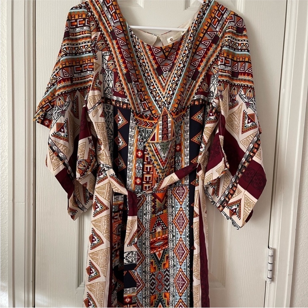 Boho Tribal Print Mini Dress Festival Kimono Sleeve Tie Waist Small - Picture 5 of 11